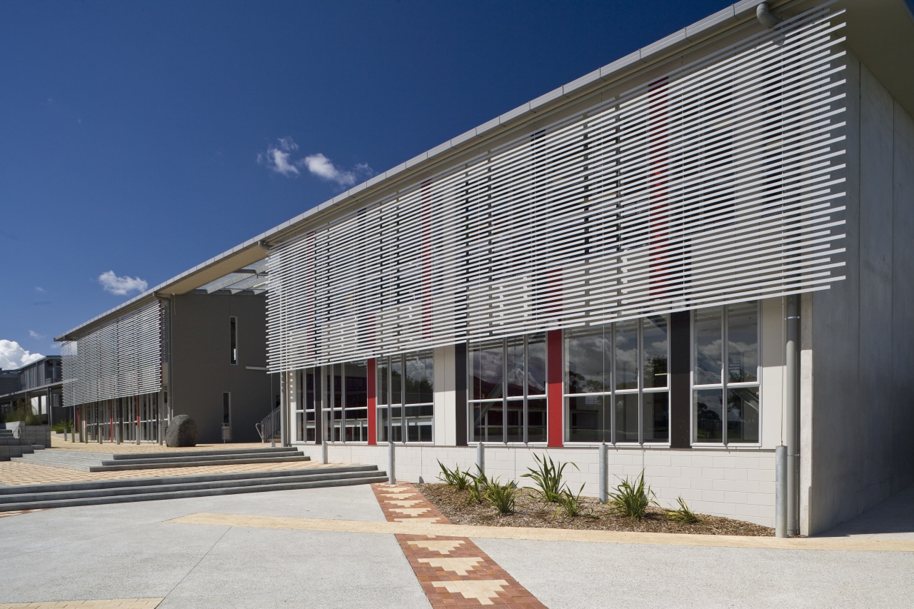 Exterior view of school which features aluminium sunscreen architecture, building, commercial building, corporate headquarters, facade, house, real estate, residential area, window