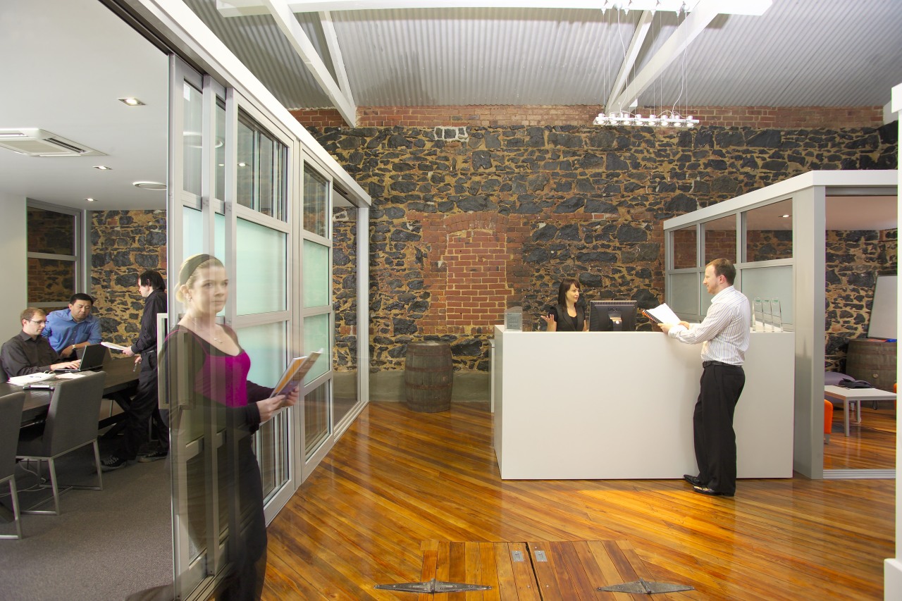 Interior view of the Enabling office where Gary ceiling, floor, flooring, institution, interior design, gray