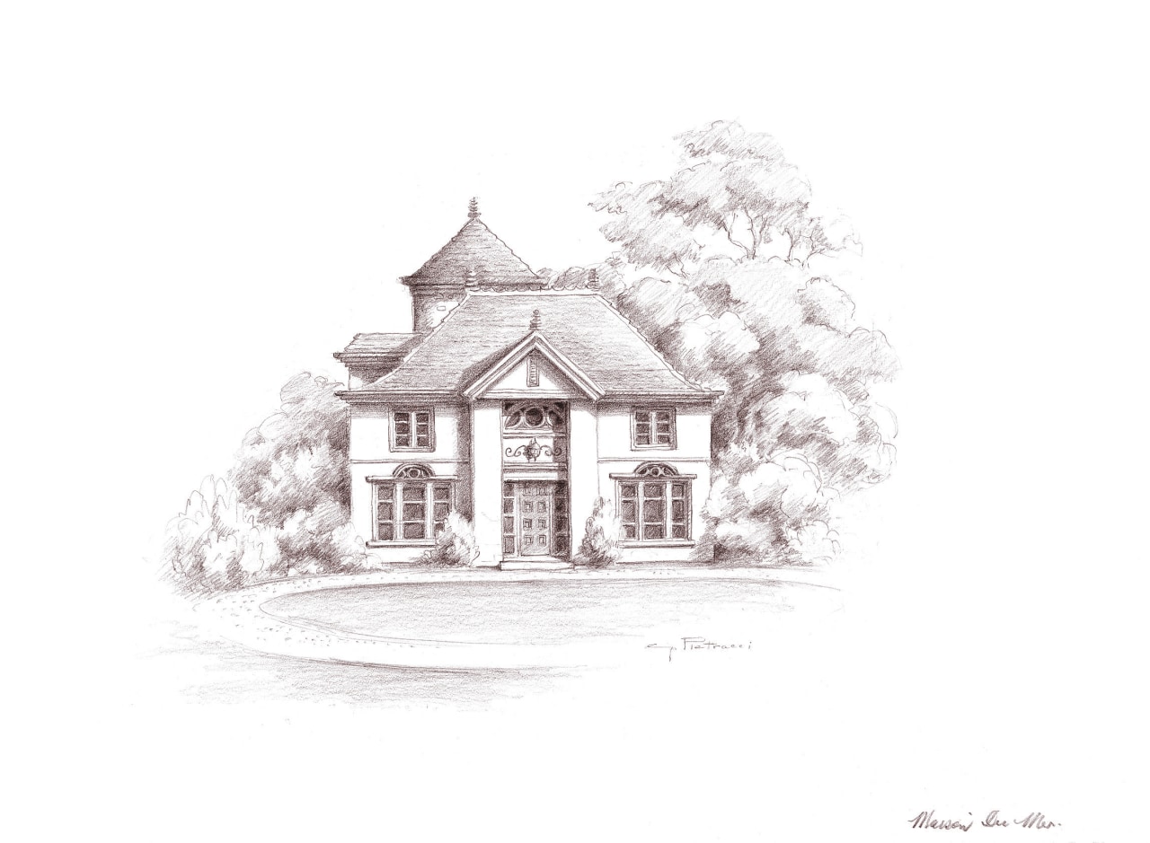 Architects drawing of French Provincial-style house which harness artwork, black and white, drawing, home, house, monochrome photography, sketch, tree, white