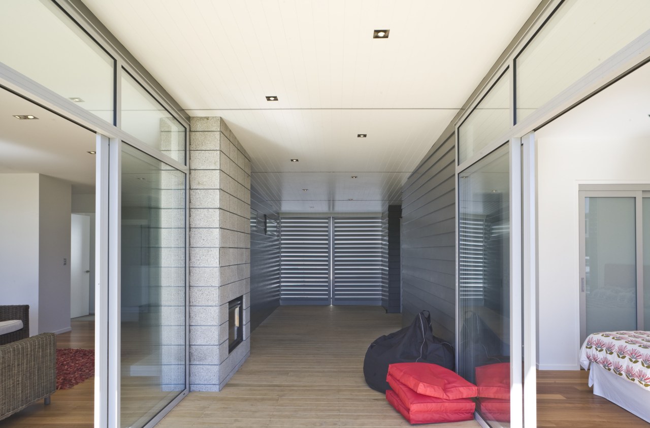 View of a covered pathway with decking and architecture, ceiling, daylighting, door, estate, house, interior design, property, real estate, room, window, white, gray