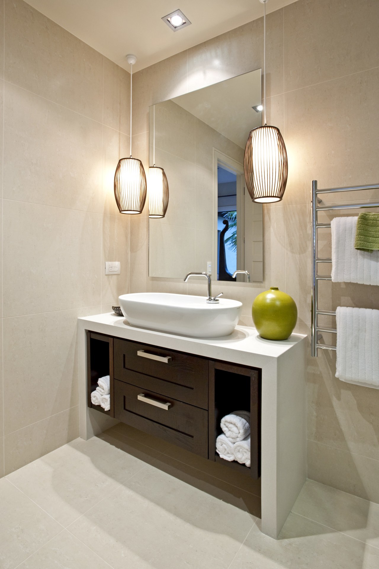 View of contemporary home with light-toned and beige bathroom, bathroom accessory, bathroom cabinet, floor, interior design, plumbing fixture, product design, room, sink, gray