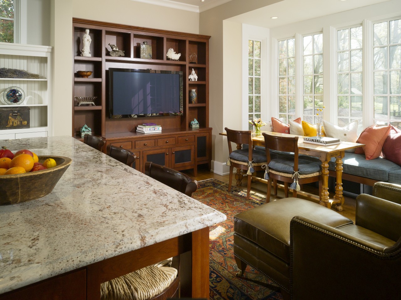 View of kitchen area which features a large home, interior design, living room, real estate, room, brown, gray