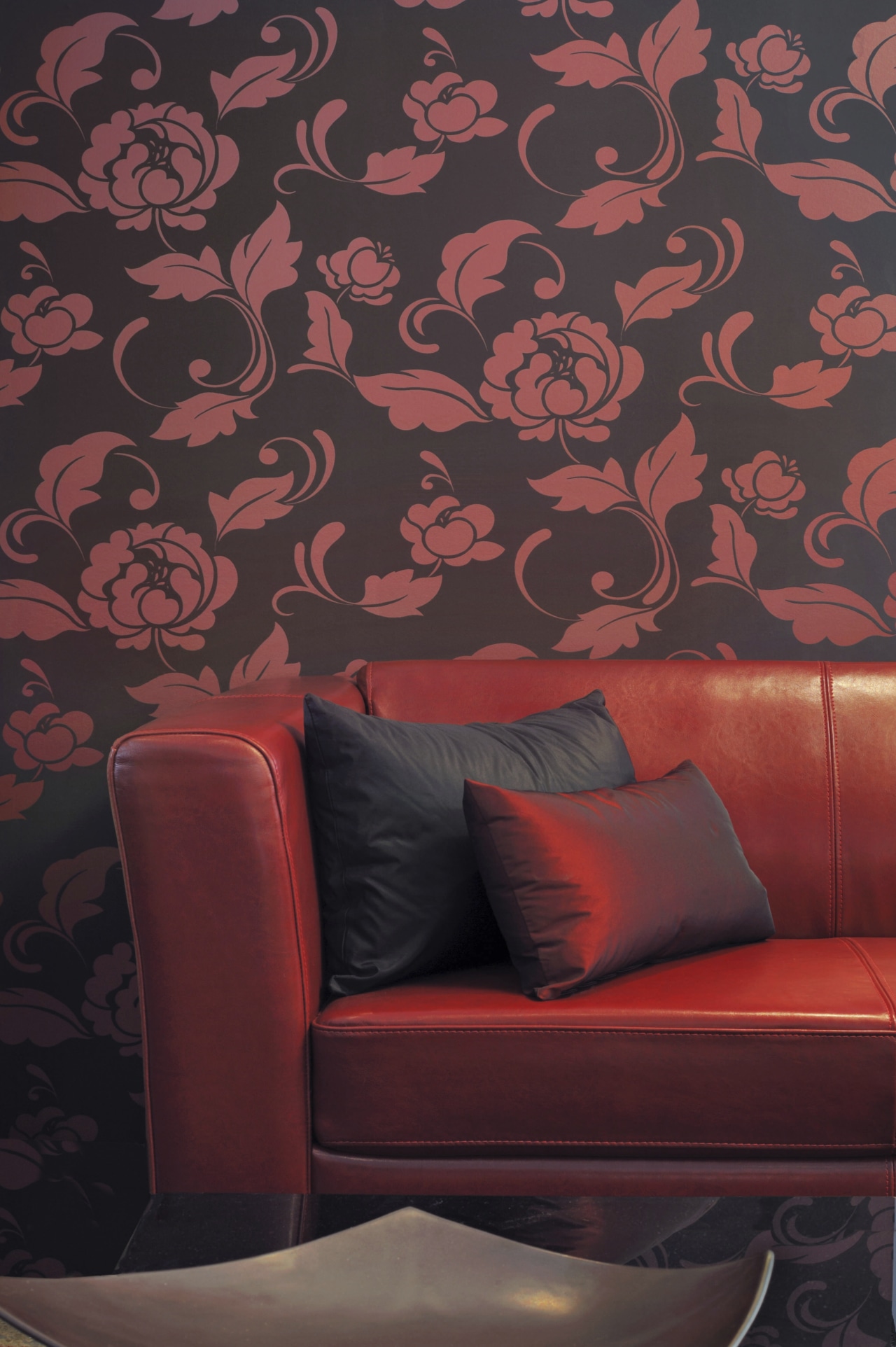 view of a living area which features Vision couch, interior design, pattern, red, wall, wallpaper, red, black