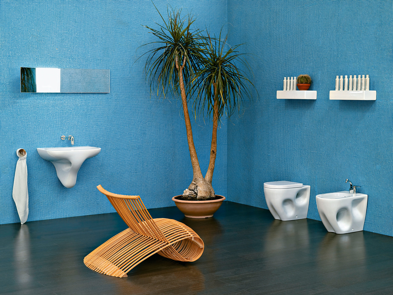 View of a bathroom which features Italian designed blue, ceramic, flowerpot, furniture, interior design, product design, still life photography, table, tap, teal