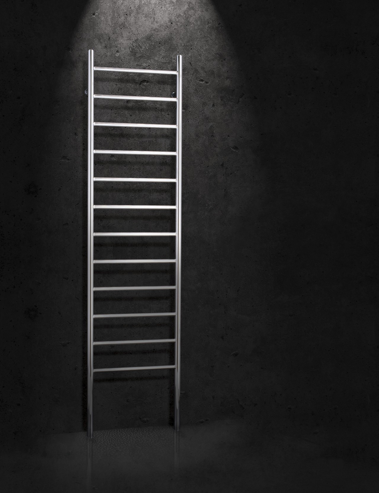 Image of a heated towel rail available from black, black and white, darkness, light, line, monochrome, monochrome photography, photography, still life photography, structure, wall, wood, black