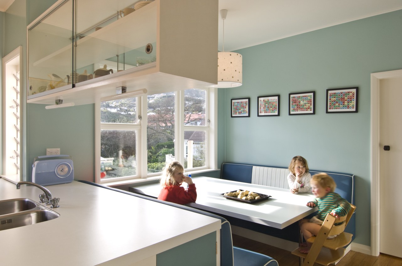 View of a kitchen which features blue cabinetry interior design, room, window, gray