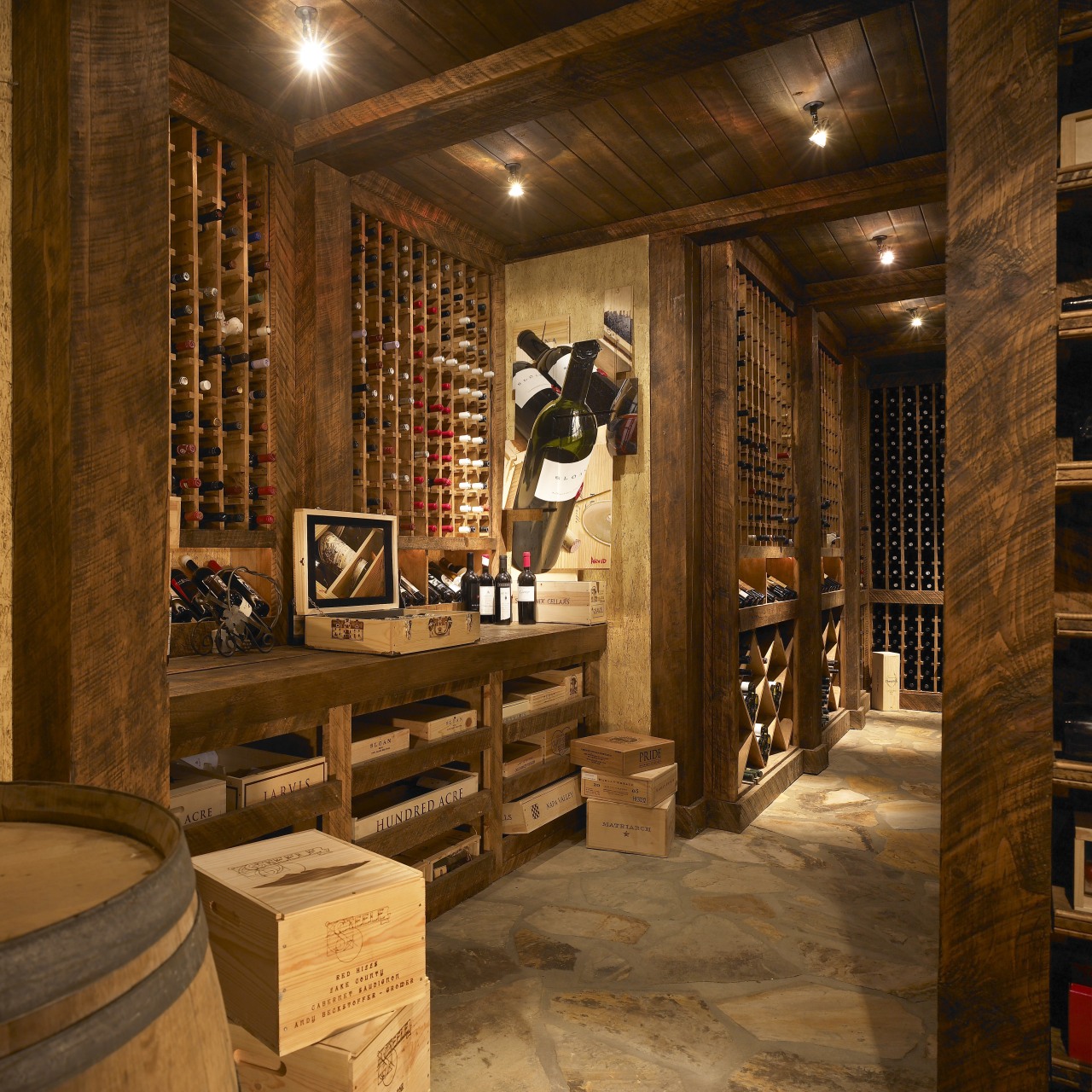 A wine Cellar view Features Floor-to-ceiling natural wood interior design, wine cellar, winery, brown