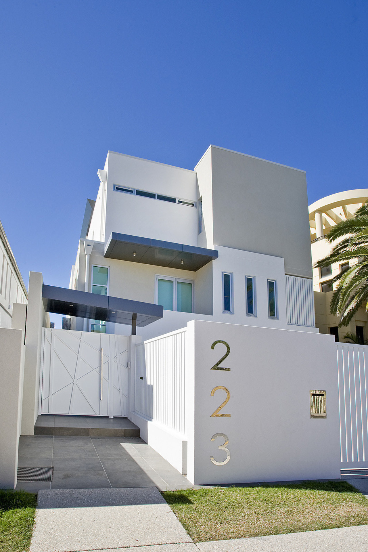 Exterior view of a home which features Alucobond architecture, building, elevation, facade, home, house, property, real estate, residential area, blue, gray