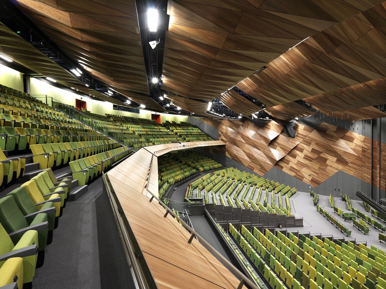 View of the Plenary Hall which features lighting auditorium, performing arts center, sport venue, structure, brown