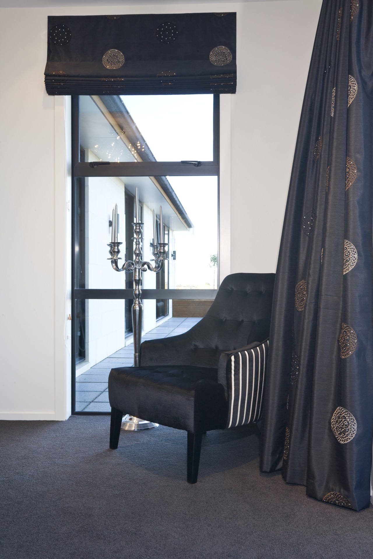 View of one of the DRH show home chair, curtain, floor, furniture, home, house, interior design, room, table, textile, window, window treatment, black, white