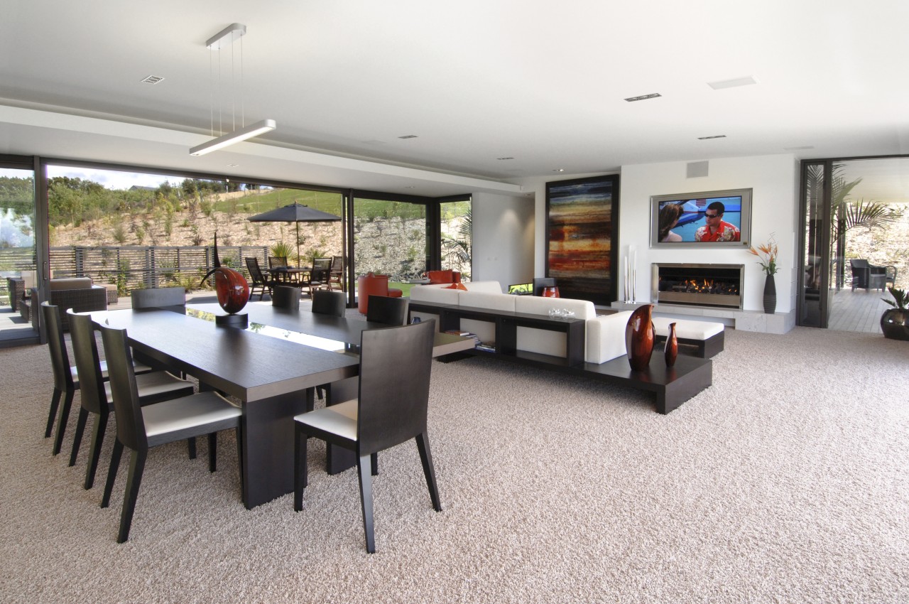 Interior view of the open-plan living and dining flooring, interior design, living room, property, real estate, table, white