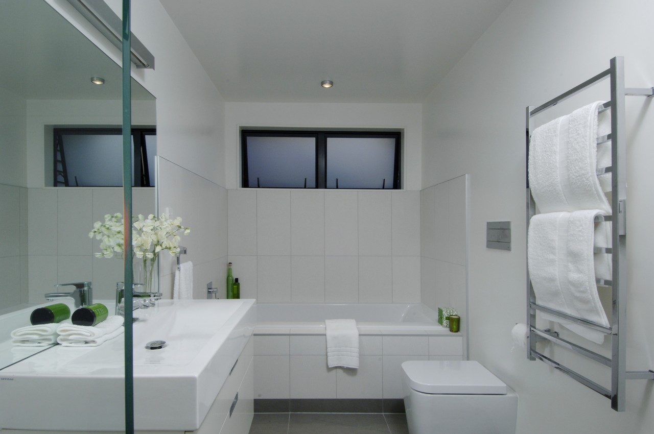 View of the bathroom with white wall tiling, architecture, bathroom, daylighting, home, interior design, product design, room, sink, gray