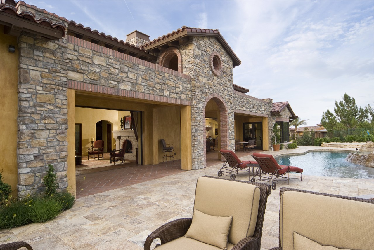 Exterior view of outdoor area with pool and estate, hacienda, home, property, real estate, villa, brown, gray