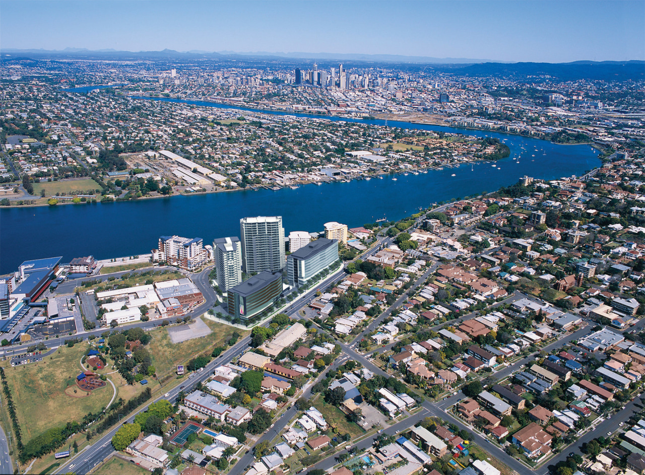 Aerial view of Hamilton Harbour development which was aerial photography, atmosphere of earth, bird's eye view, city, cityscape, daytime, metropolis, metropolitan area, photography, residential area, sky, skyline, suburb, tower block, urban area, urban design, water, waterway, gray