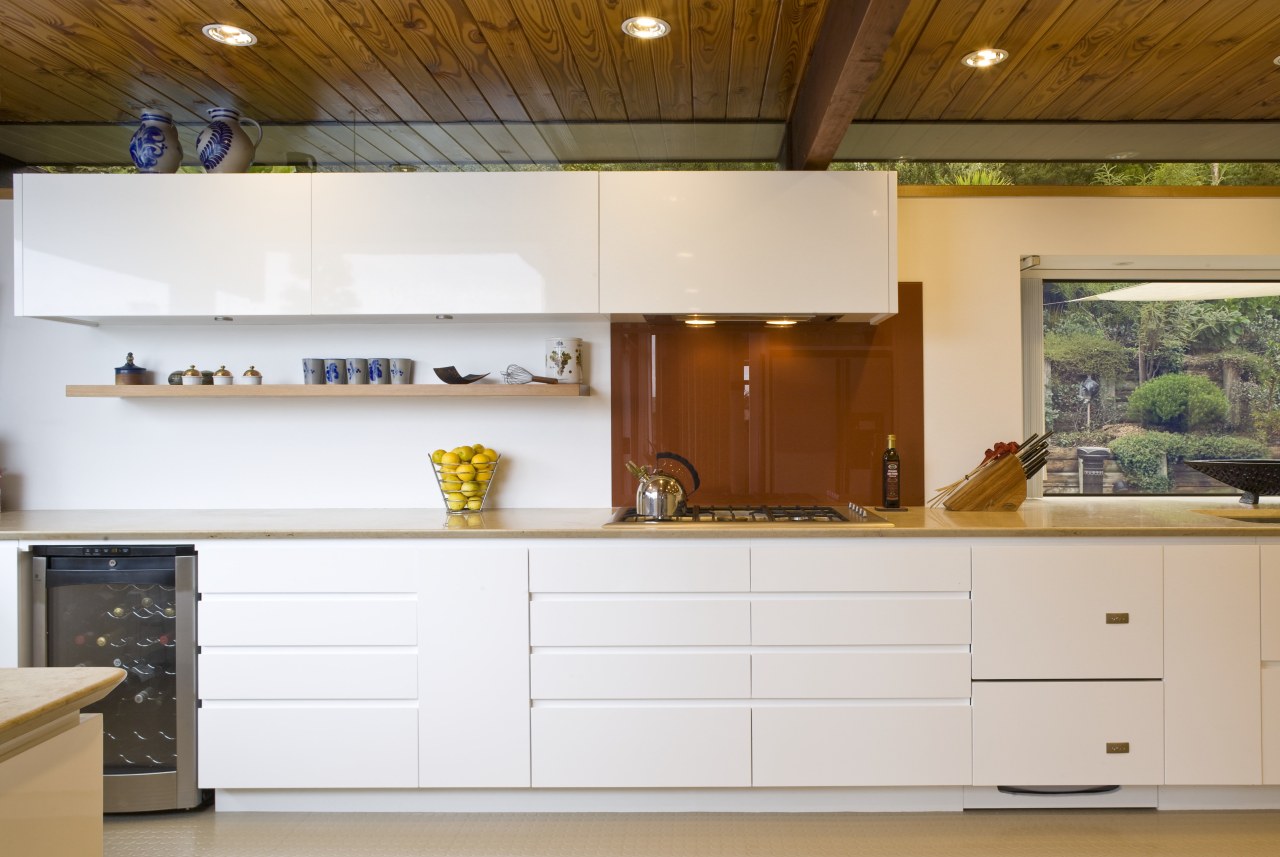 view of a kitchen which features white-lacquered cabinetry cabinetry, countertop, cuisine classique, interior design, kitchen, white, brown