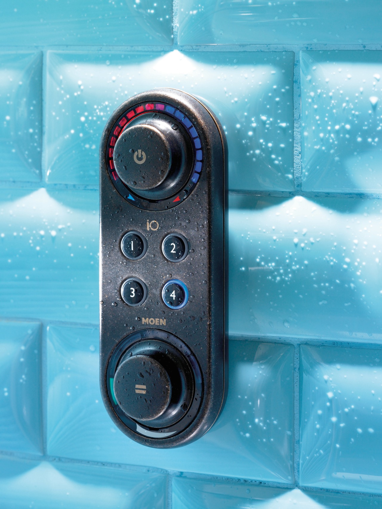 View of the ioDigital controller from Moen which product, product design, technology, teal