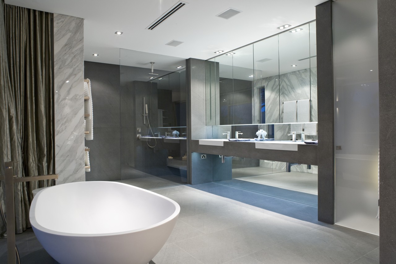 Contemporary bathroom with unique bathtub architecture, bathroom, interior design, gray, black