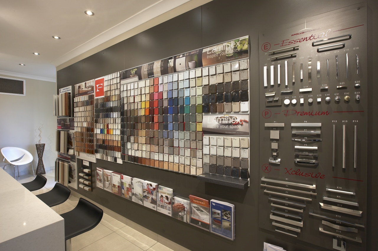 View of an Apollo Kitchens showroom which showcases interior design, retail, gray, black