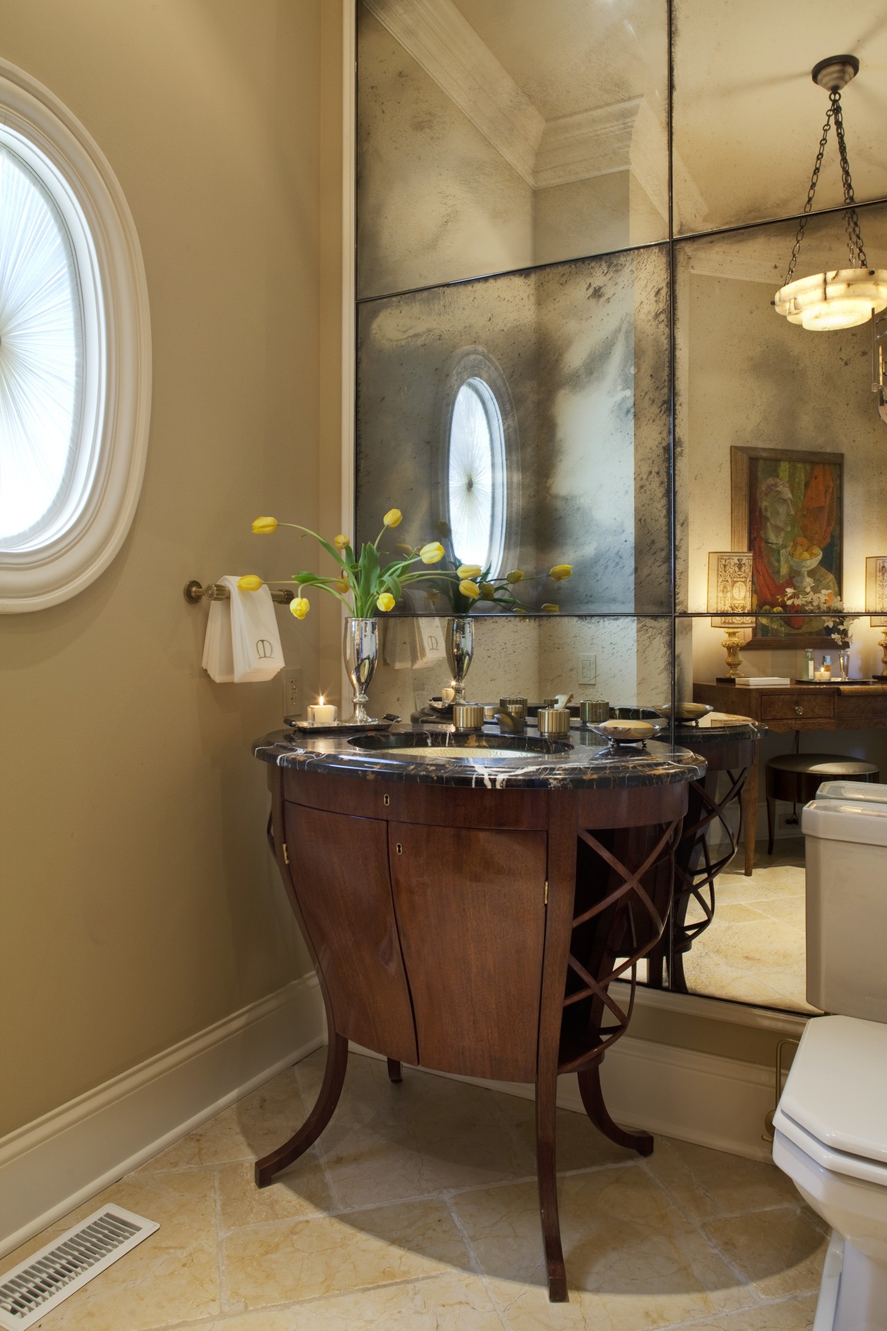 View of a powder room which features a bathroom, ceiling, furniture, home, interior design, room, table, brown