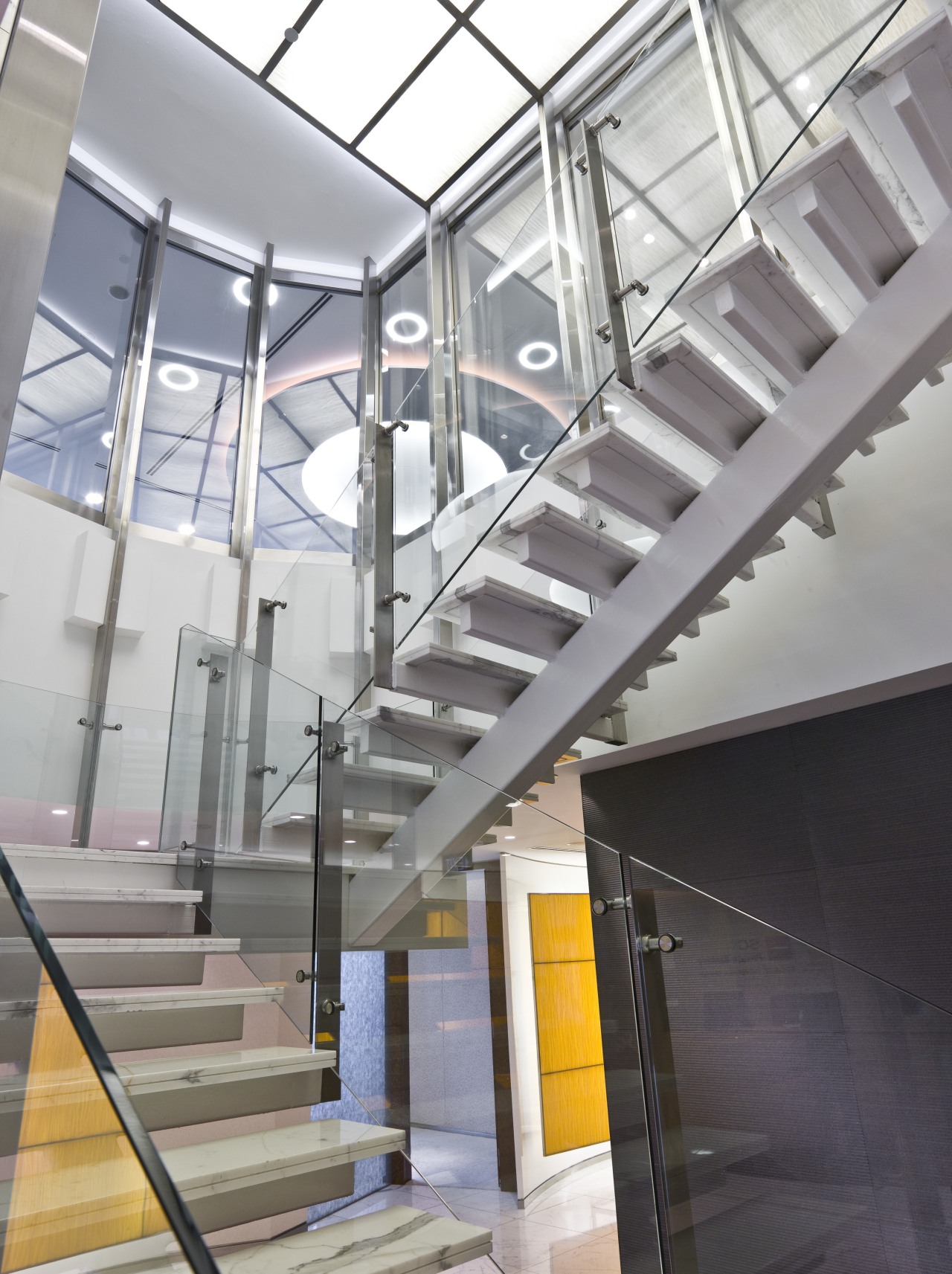 View of stairway with glass balustrade and stainless architecture, daylighting, glass, handrail, stairs, structure, gray