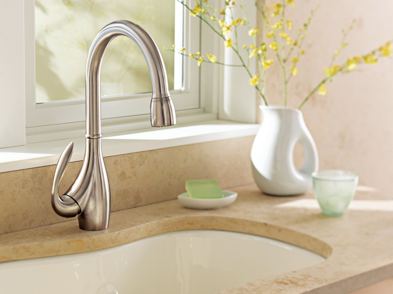 View of a kitchen which features faucets from bathroom, bathroom sink, ceramic, floor, interior design, plumbing fixture, product design, room, sink, tap, white