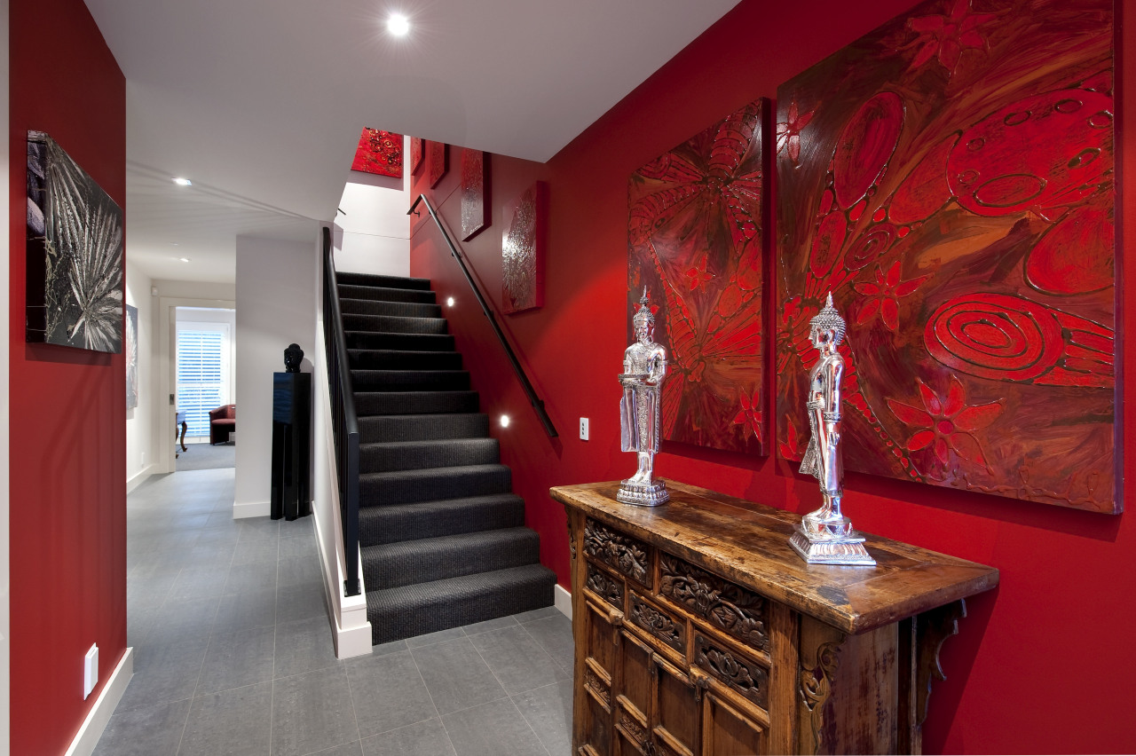 interior stairway view of a home of the interior design, room, red, gray