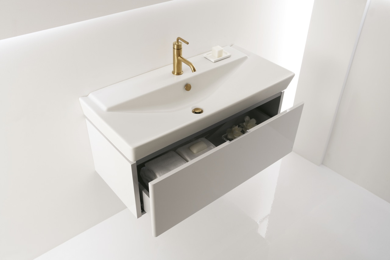 View of a Kohler basin with gold faucets bathroom, bathroom accessory, bathroom cabinet, bathroom sink, ceramic, drawer, plumbing fixture, product design, sink, tap, white