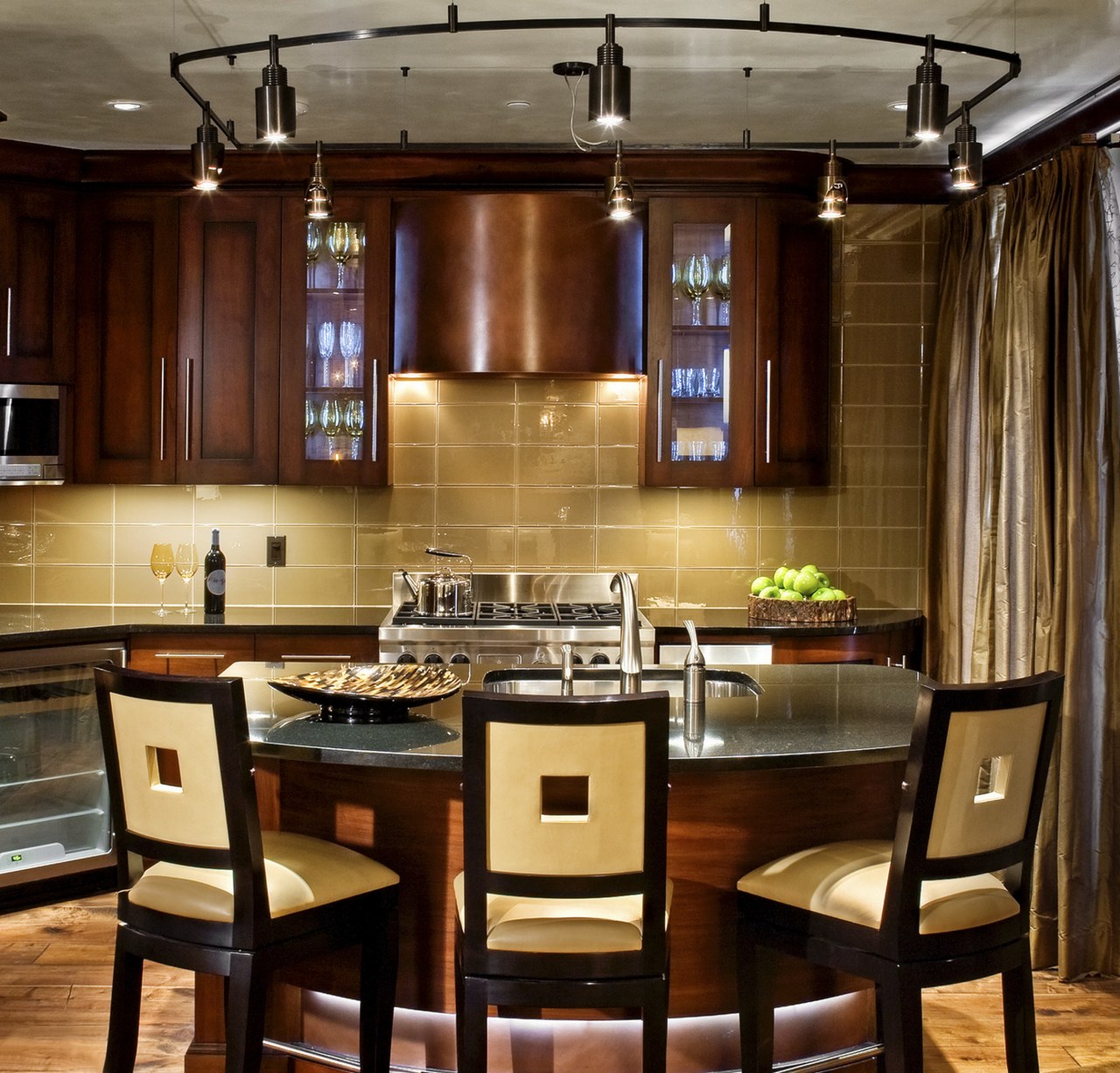 view of a kitchen which features a semi-circular countertop, dining room, interior design, kitchen, brown, red