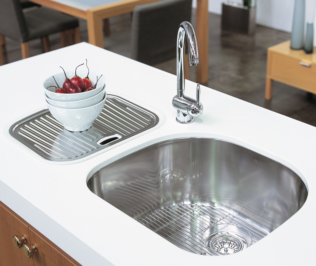 View of a Oliveri stainless steel with custom bathroom sink, countertop, hardware, plumbing fixture, product design, sink, tap, white, gray