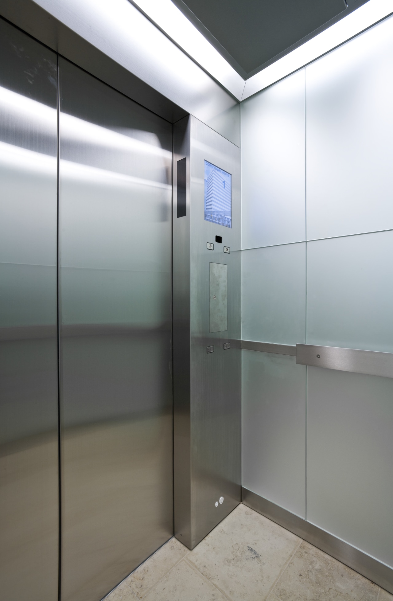 internal view of lifts at 21 Queen St elevator, glass, interior design, wall, gray