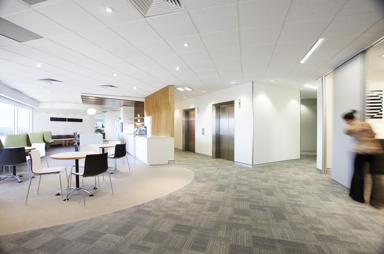 View of the cafe-styled staff break-out area which ceiling, daylighting, floor, flooring, interior design, lobby, office, real estate, wood flooring, gray, white