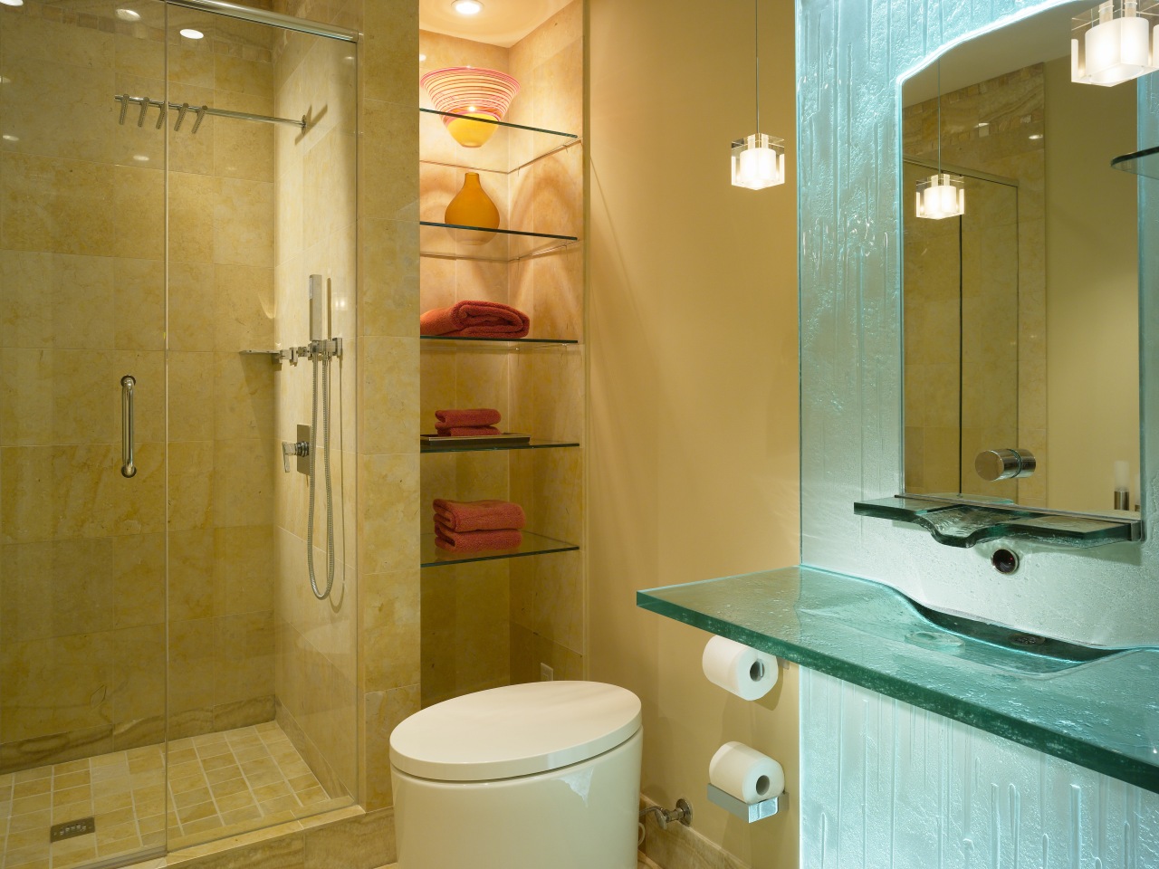 View of the remodeled bathroom by Jim Meloy bathroom, bathroom accessory, floor, home, interior design, plumbing fixture, property, room, brown, orange