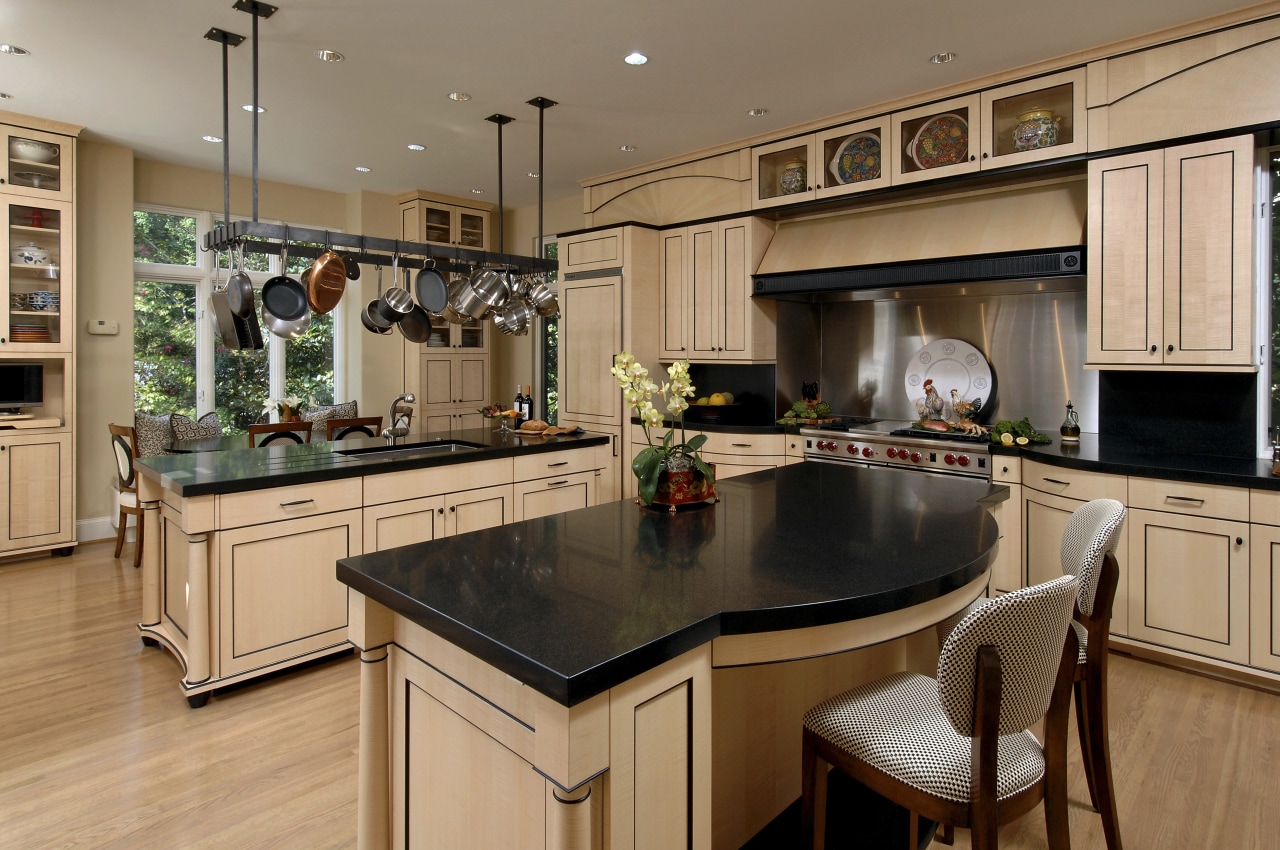 Designer Jennifer Gilmer, CKD, specified two islands for cabinetry, countertop, cuisine classique, interior design, kitchen, room, brown, orange