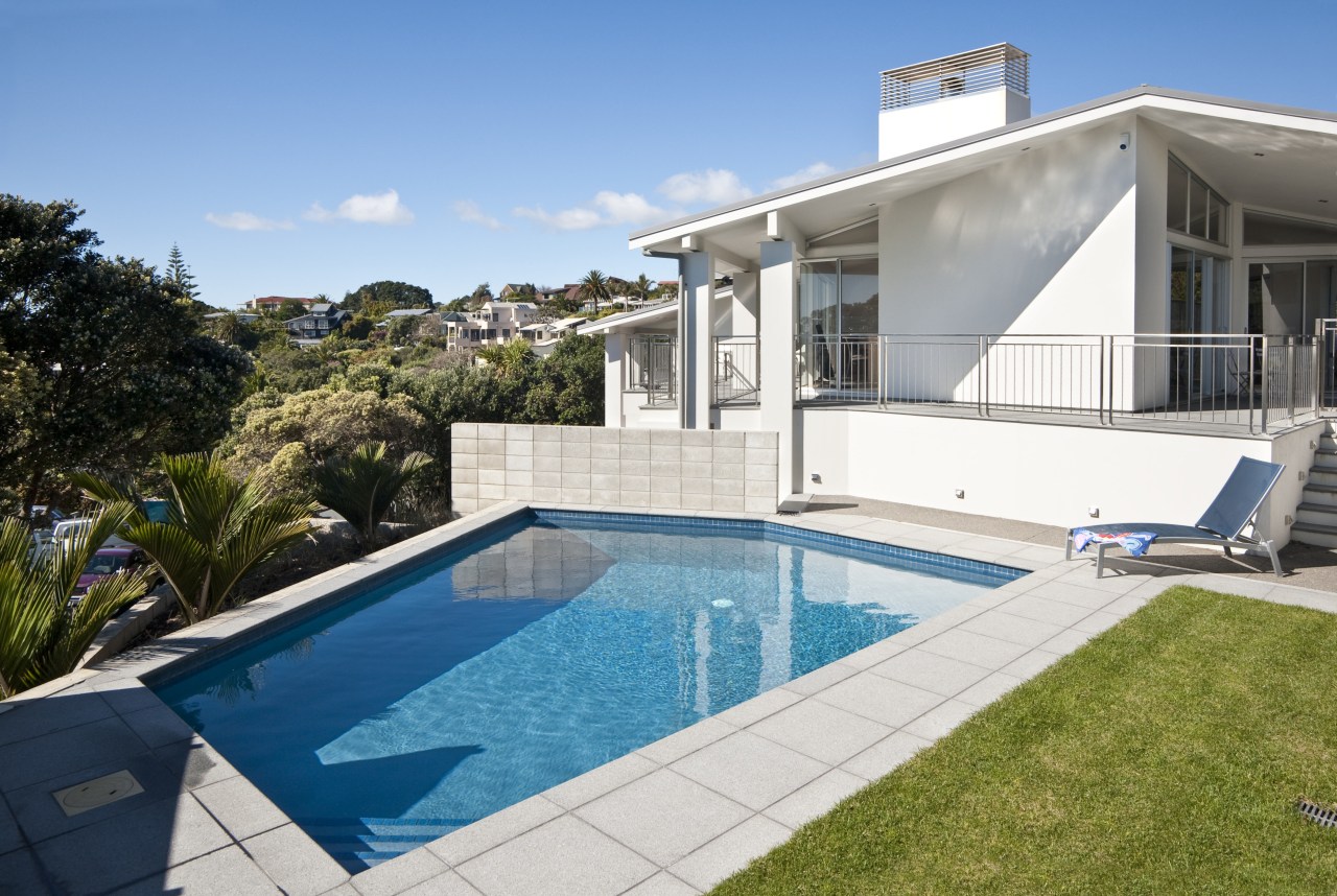 A Mayfair Steel Blue interior was specified for backyard, estate, home, house, leisure, property, real estate, residential area, swimming pool, villa, teal