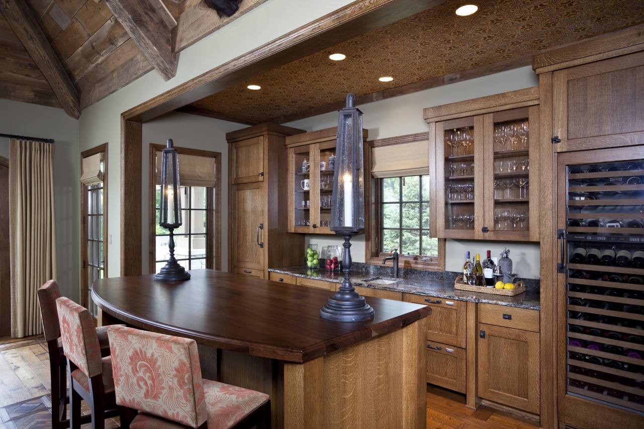 Exposed wood beams with metal strapping enhance the cabinetry, countertop, cuisine classique, estate, hardwood, interior design, kitchen, real estate, room, wood, brown