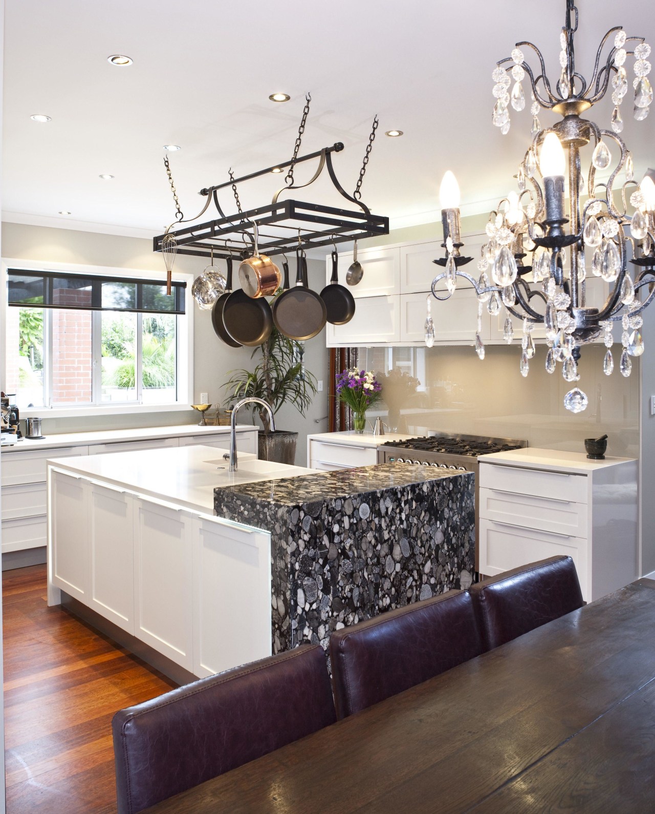 The kitchen features CaesarStone and Nero Marinace granite ceiling, furniture, home, interior design, living room, table, white