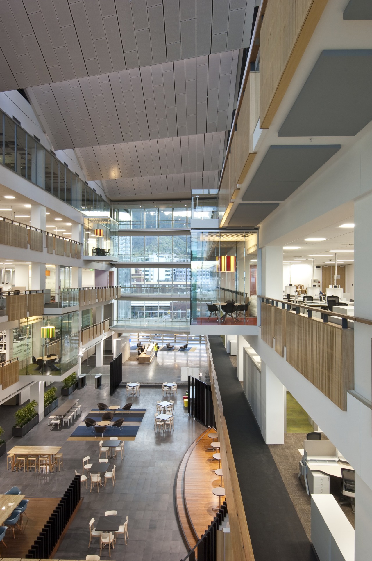 View of the atrium of the new BNZ daylighting, interior design, mixed use, gray