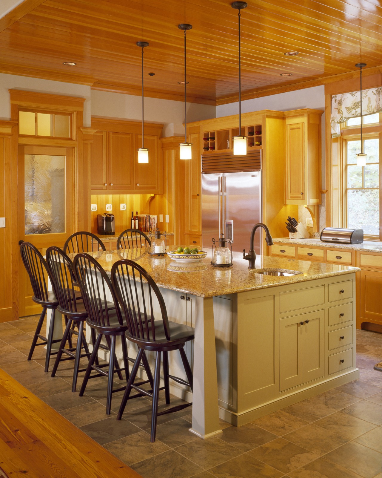 View of kitchen featuring antique heart pine tongue cabinetry, ceiling, countertop, cuisine classique, dining room, floor, flooring, hardwood, home, interior design, kitchen, real estate, room, table, wood, wood flooring, brown, orange