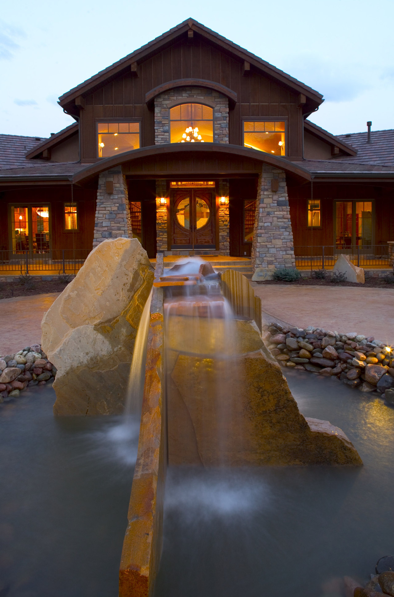 View of homes designed by the American Institute evening, home, lighting, night, reflection, water, red