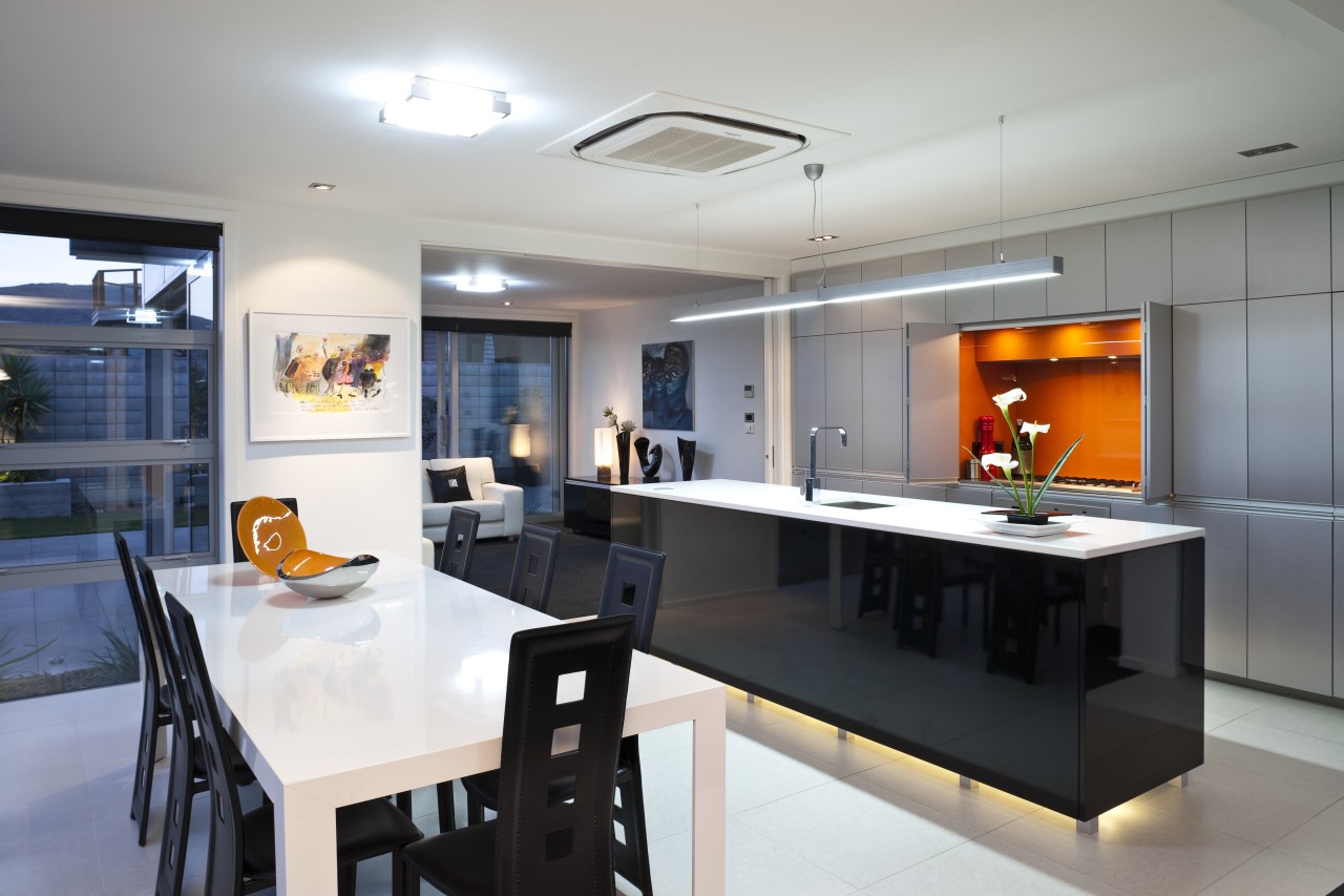 View of kitchen featuring Aluminium and gloss lacquer countertop, interior design, kitchen, real estate, room, gray