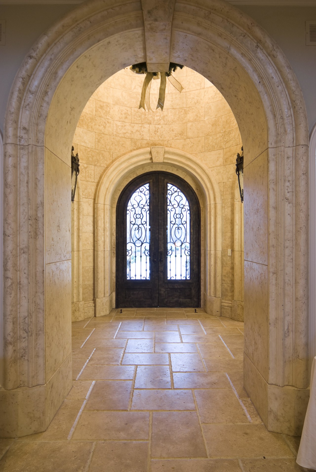 Castle Entries was contracted to provide a wrought arcade, arch, building, chapel, column, crypt, door, estate, interior design, place of worship, symmetry, window, brown, orange