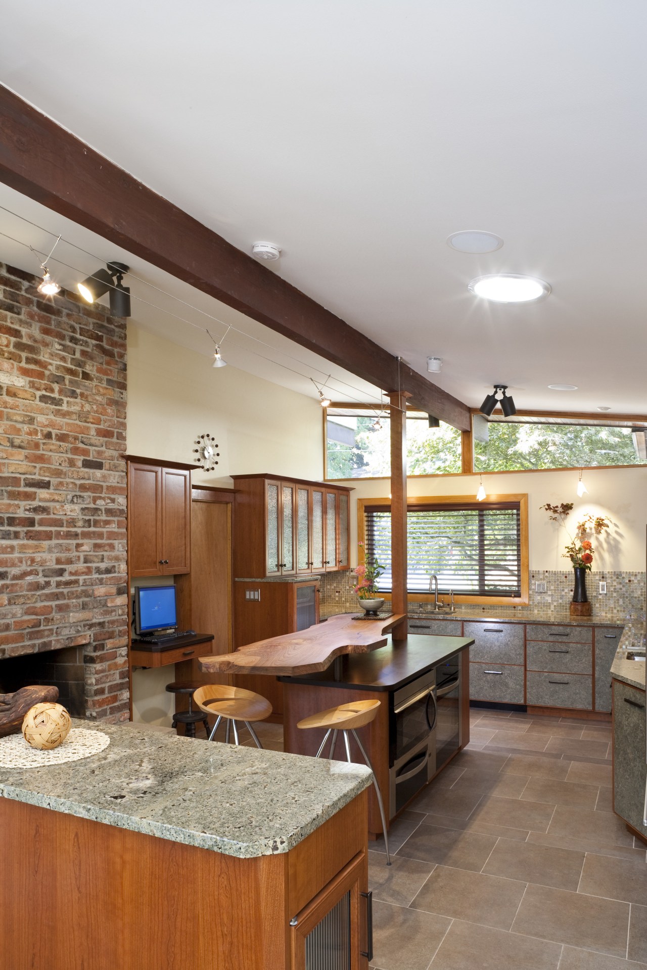 View of this contemporary kitchen with many accessories ceiling, countertop, estate, home, interior design, kitchen, real estate, room, brown, gray