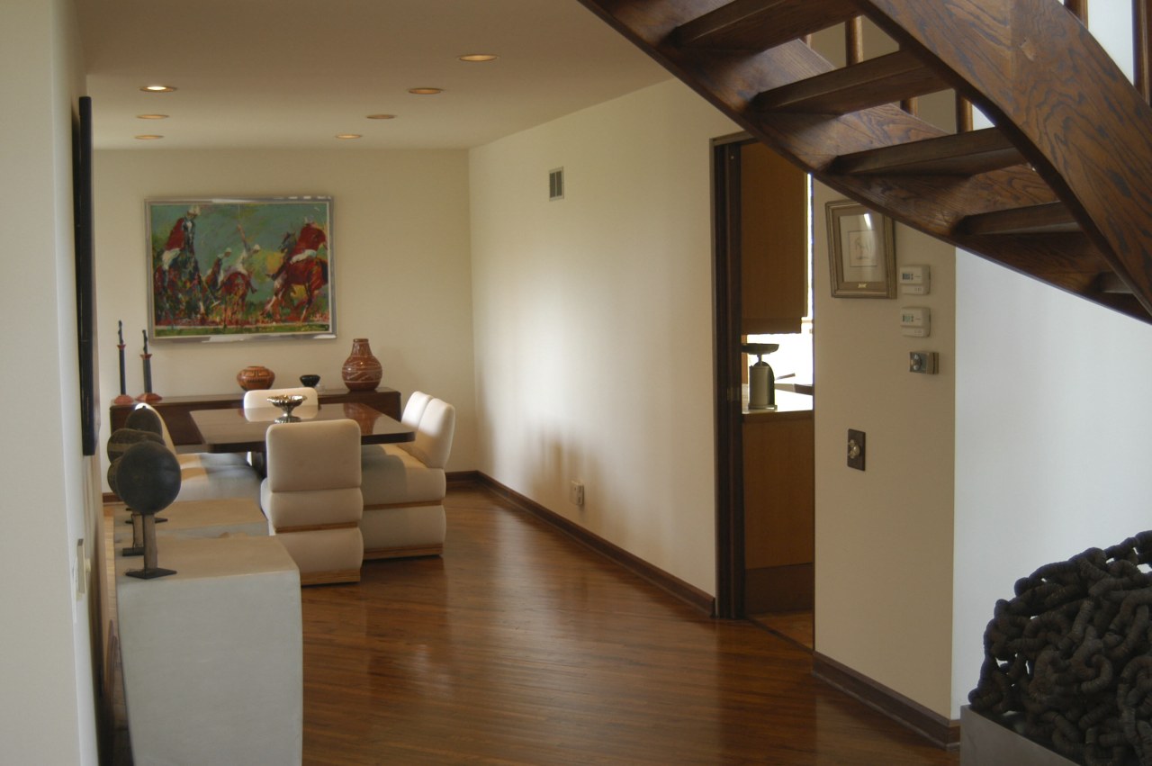 View of this contemporary dining room ceiling, floor, flooring, hardwood, house, interior design, living room, loft, property, real estate, room, wood flooring, brown