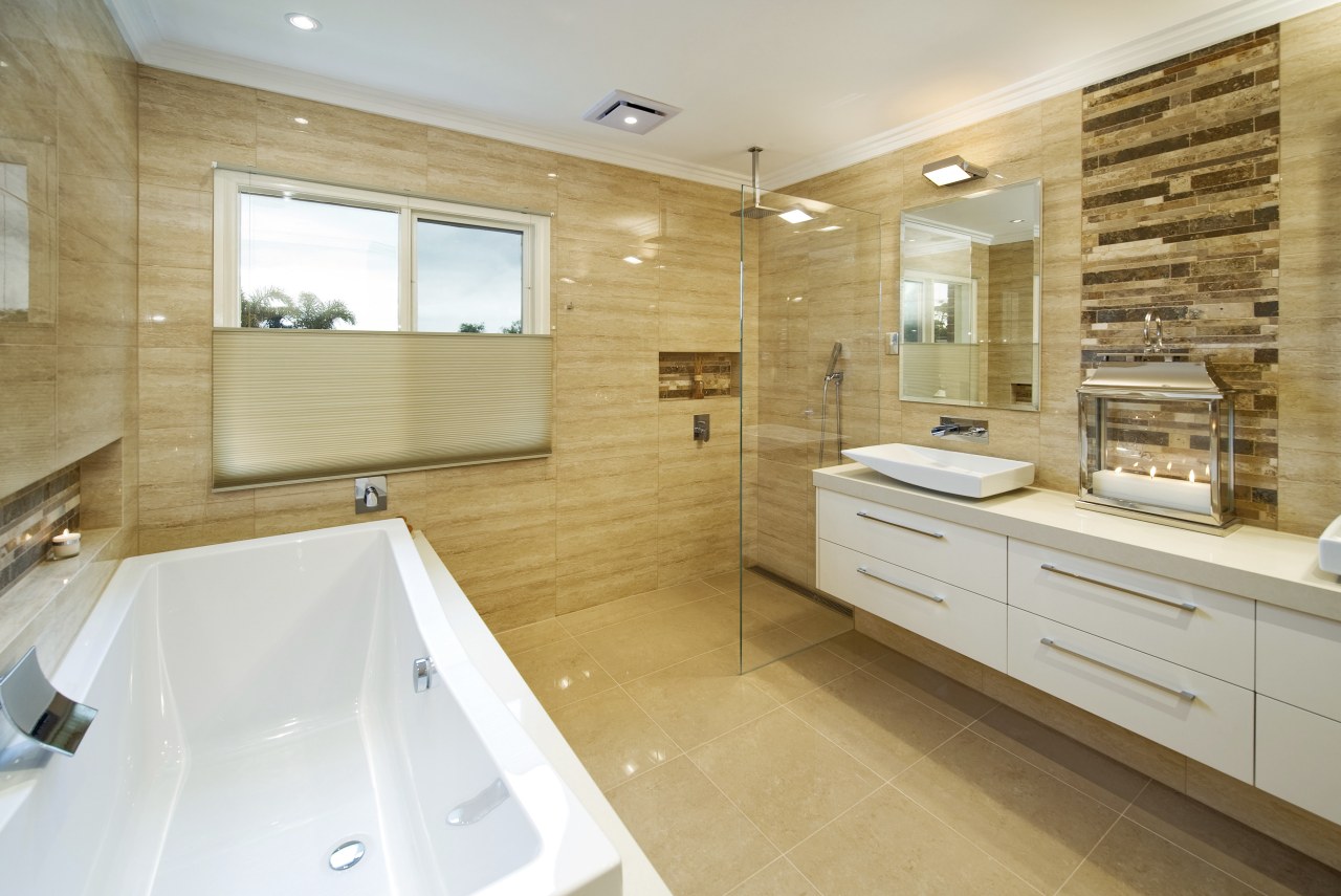 Natural colours dominate this bathroom with open shower bathroom, estate, floor, flooring, home, interior design, property, real estate, room, tile, orange, gray