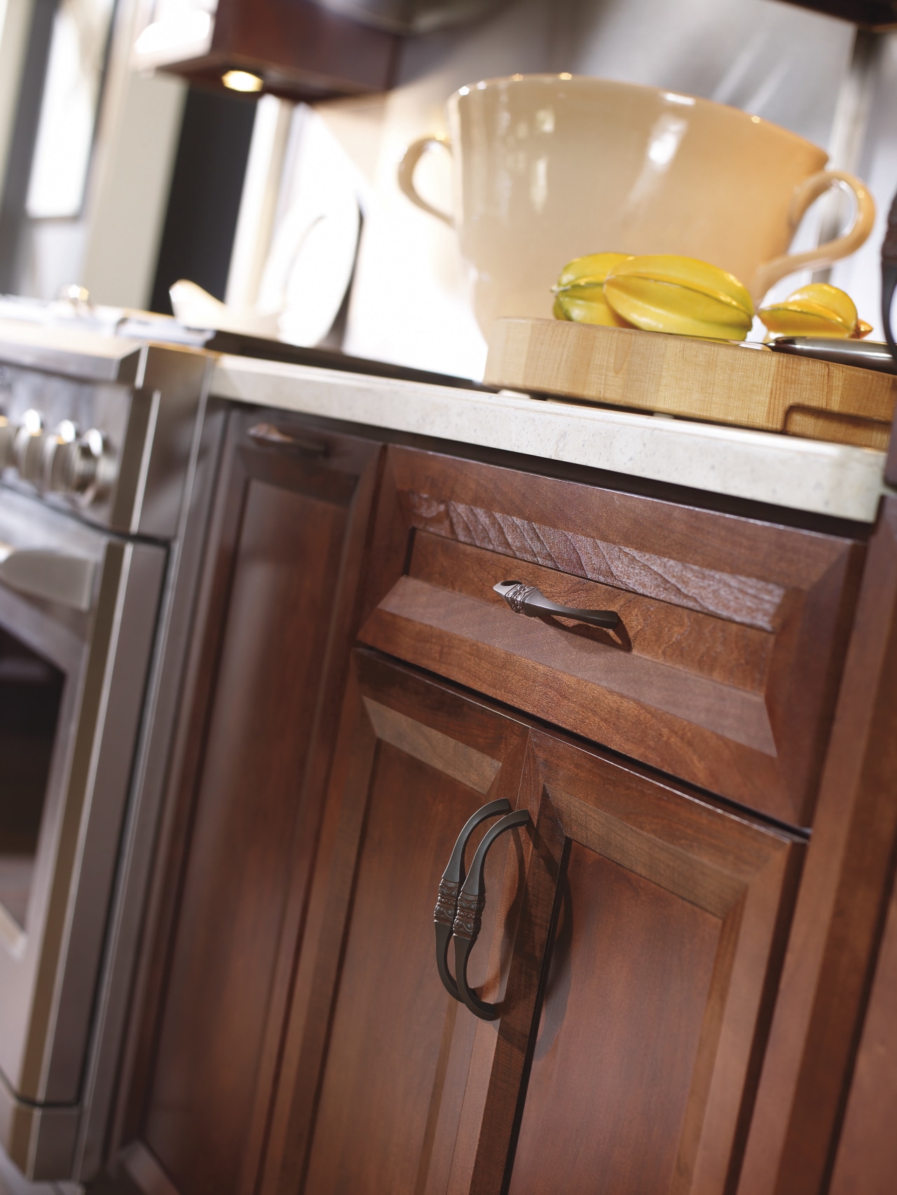 View of Decora Cabinetry's custom made cabinets. cabinetry, countertop, drawer, furniture, kitchen, table, wood stain, red