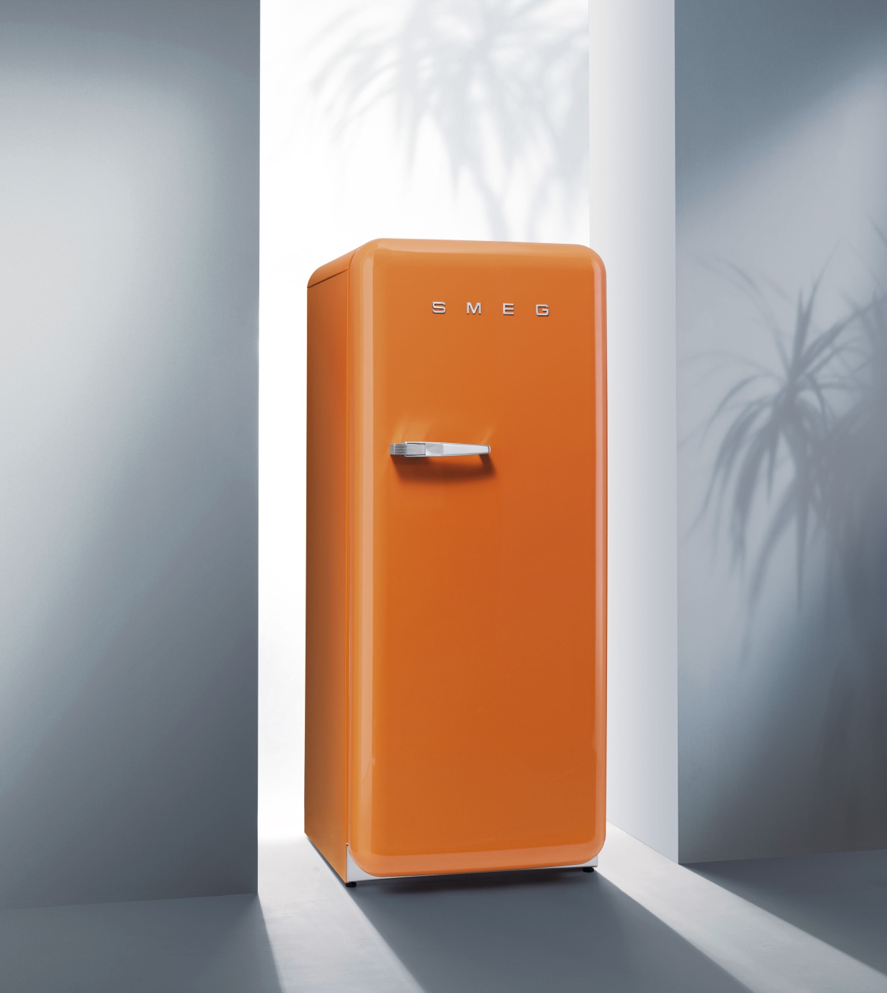 View of classic Smeg refrigerator. home appliance, kitchen appliance, major appliance, orange, product, product design, refrigerator, gray