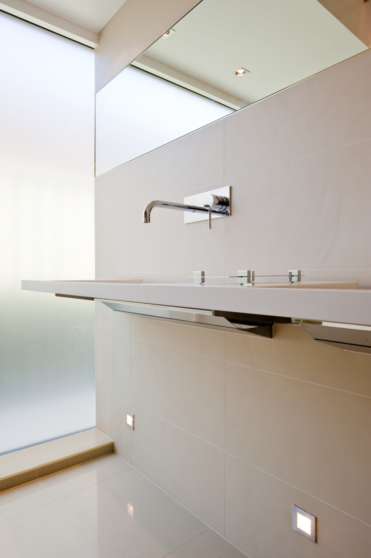 View of home theater powder room designed by architecture, bathroom, bathroom sink, ceiling, countertop, daylighting, floor, glass, house, interior design, kitchen, lighting, product design, room, sink, tap, tile, wall, wood, gray