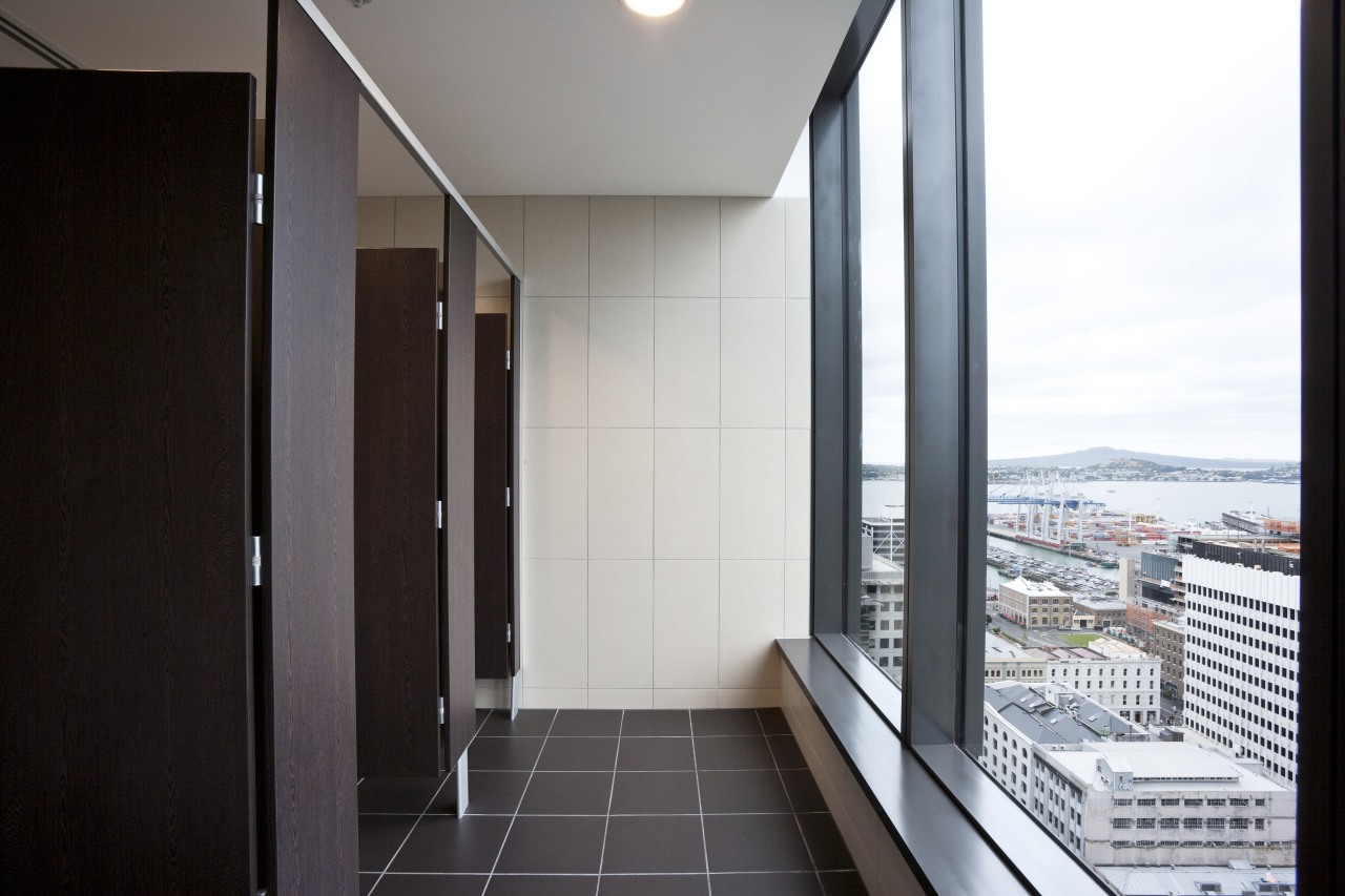 View of the bathrooms at the Deloitte Centre apartment, architecture, daylighting, home, house, interior design, property, real estate, window, white, black