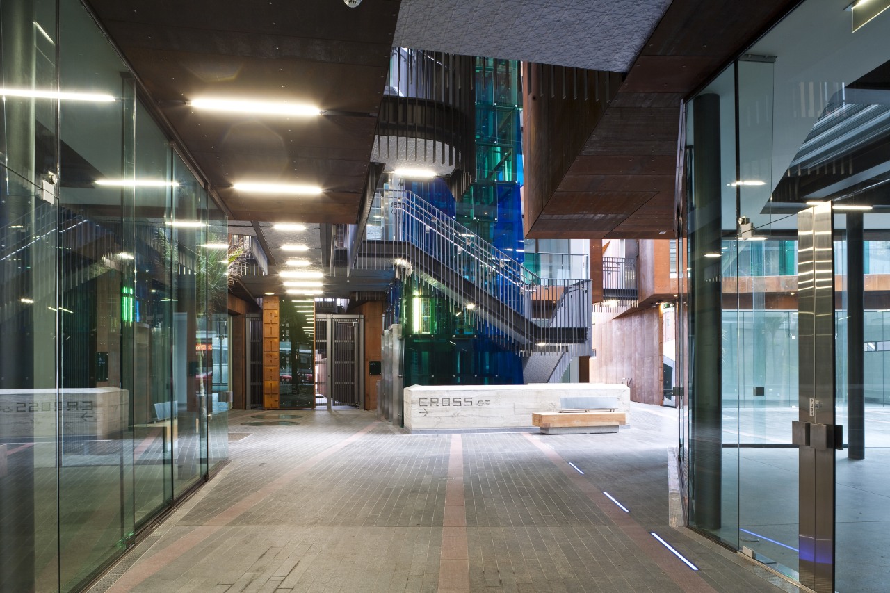 Interior view of the Ironbank building which features architecture, building, glass, metropolitan area, public transport, transport, black, gray