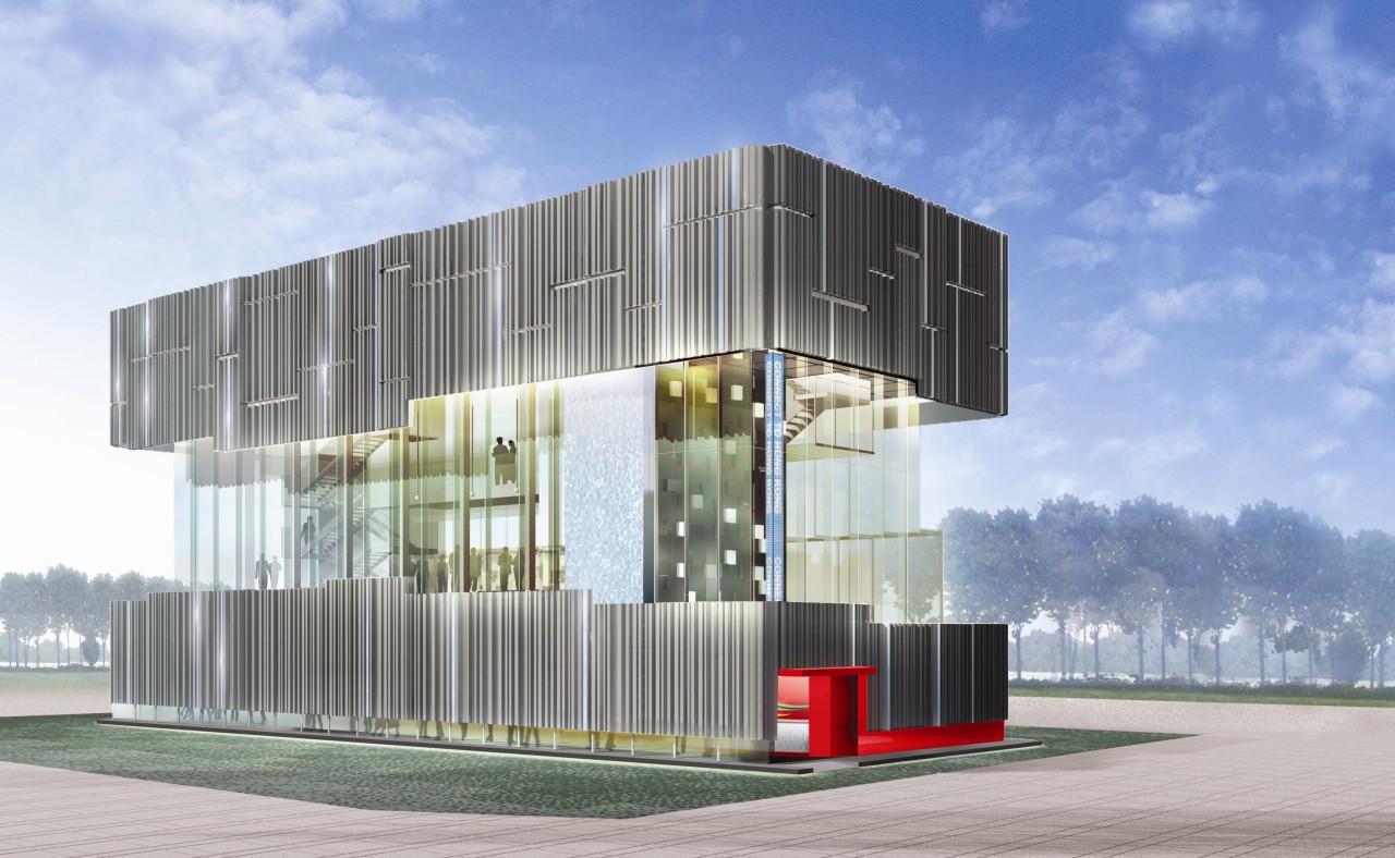 Conceptual view of the Hong Kong pavilion and architecture, building, commercial building, corporate headquarters, elevation, facade, home, mixed use, shipping container, teal, gray